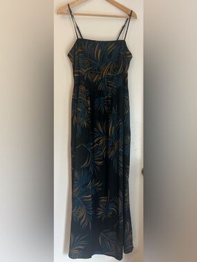 Goodthreads Black Maxi Dress with Blue and Mustard Leaf Print